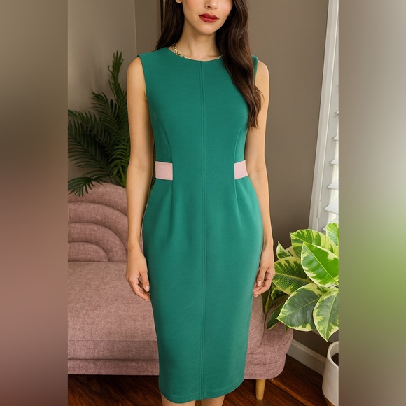 Boden Emerald Green Sheath‎ Dress w/ Pink Waist Detail | Size 8L | NWT - Picture 2 of 16